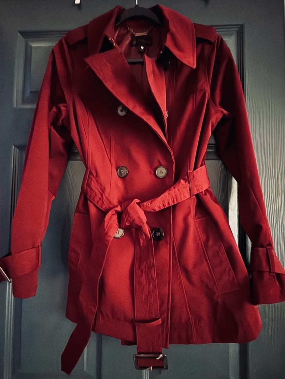 Women’s Double-Breasted Maroon Trench Coat with Belt